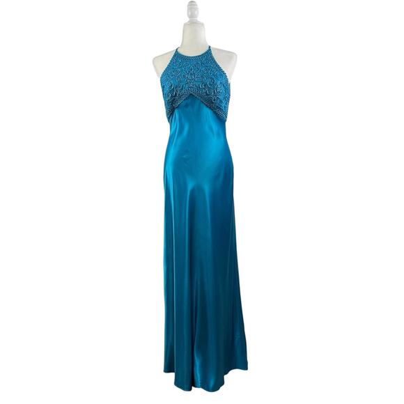 Vintage Morgan And Co Blue Satin Maxi Formal Dress 9/10 Open Back Prom Y2K 90s - Picture 14 of 16
